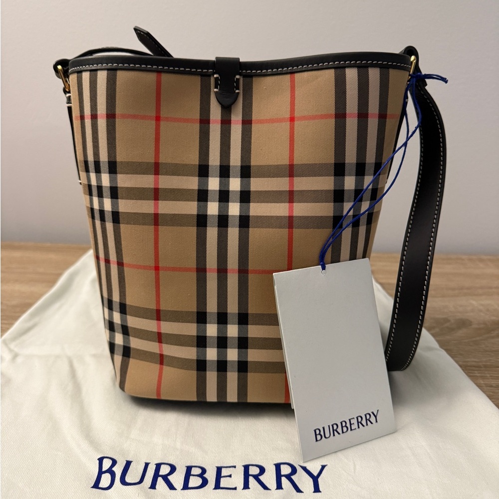 Burberry Ashby Beige Check Fabric and Leather Bucket Bag - Medium